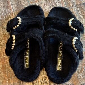 Stuart Weitzman Black Furry Slippers with Pearl Accents